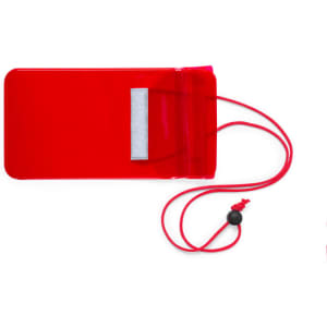 A red multipurpose bag with a string closure and a patch for securing items, featuring a logo.