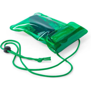 A green multipurpose dry bag with a cord, featuring a transparent pouch for easy visibility and access.