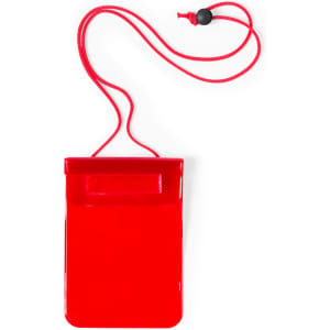 A red multipurpose dry bag with a cord for carrying, featuring a simple closure at the top. It has a logo.