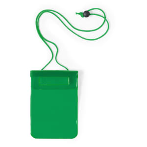 A green multipurpose bag with a neck strap and a secure closure, featuring a logo.