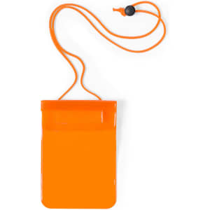 An orange multipurpose bag with a strap and a closure mechanism, featuring a simple logo.