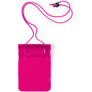 A pink dry bag with a neck strap and a closure mechanism, featuring a branding logo.