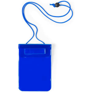 A blue multipurpose bag with a drawstring neck cord, featuring a front pocket and a logo.