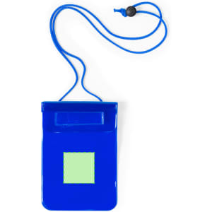 A blue multipurpose bag with a neck strap and a small transparent pocket for identification.