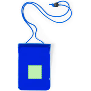 A blue multipurpose bag with a green square section and a drawstring for closure. Features a logo.
