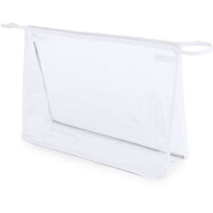 A transparent white toiletry bag with a zip closure and two handles. It has a sleek, minimalist design.