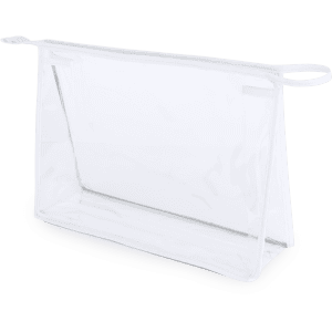 A transparent toiletry bag with a white zip and handles, featuring a simple yet functional design.