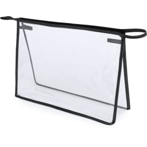 A clear toiletry bag with black trim and handles, featuring a spacious, open design for storage.