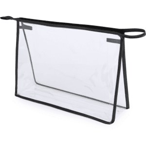A clear toiletry bag with a black trim and handles, featuring a spacious, open design for easy access.
