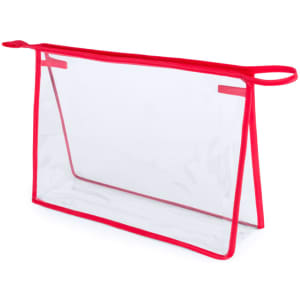A transparent toiletry bag with red trim and handles, featuring a simple, structured design.