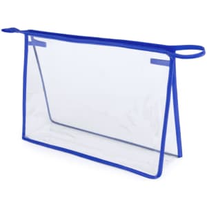 A clear toiletry bag with blue trim and handles, featuring a structured design for easy access.