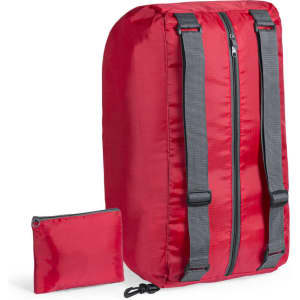 A red backpack with adjustable grey straps and a small matching pouch beside it. It features a front zip closure and a logo.