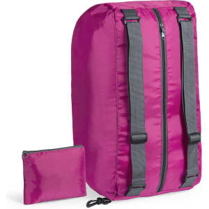 A pink backpack with grey straps and a small matching pouch beside it. The backpack features a zip closure.