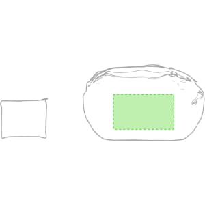 A green backpack bag with a simple design, featuring a logo and a smaller pouch beside it.