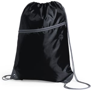 A black drawstring bag with a zippered pocket and grey cord handles, featuring metal eyelets for durability.