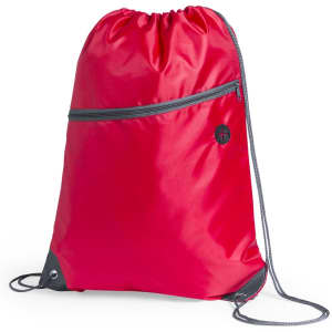 A red drawstring bag with a zippered pocket and a logo, featuring grey accents and black eyelets.