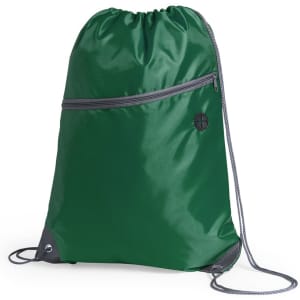 A green drawstring bag with a zippered pocket and a logo, featuring grey accents and cords.