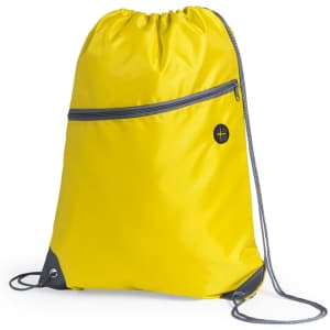 A yellow drawstring bag with a grey zip pocket and a small logo, featuring adjustable cord straps.