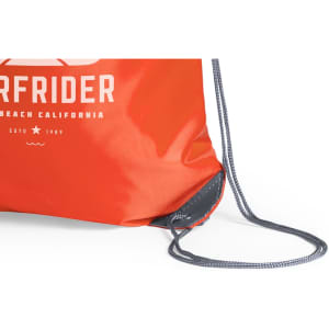 An orange drawstring bag features a grey rope closure and a small branding logo.