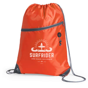 An orange drawstring bag with a front zip pocket and a logo. It features grey drawstrings and eyelets.
