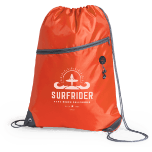 An orange drawstring bag with a logo and branding on the front, featuring grey drawstrings.