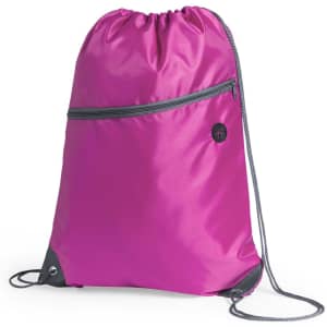 A pink drawstring bag with a zippered pocket and a logo, featuring grey accents and drawstring closures.