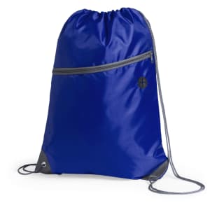A blue drawstring bag featuring a zippered pocket and grey accents, with a logo on the front.