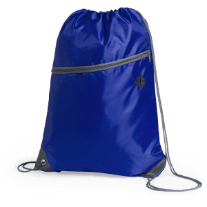 A blue drawstring bag featuring a zippered front pocket and a logo. The bag has grey drawstrings.