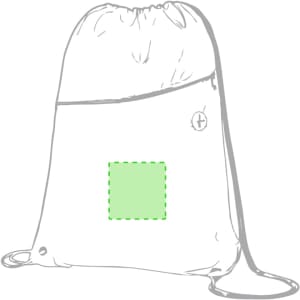A green drawstring bag with a logo, featuring a highlighted green square area.