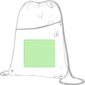 A green drawstring bag with a front pocket and a logo. Features rounded edges and a drawstring closure.