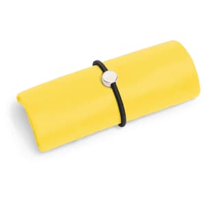 A yellow foldable bag secured with a black elastic band, featuring a round metal fastener.