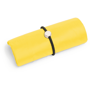 A foldable bag in bright yellow, secured with a black elastic band and a silver button. It features a logo.