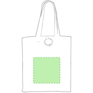 A white foldable bag with green accents and a square design on the front. It features a circular handle and has a logo.