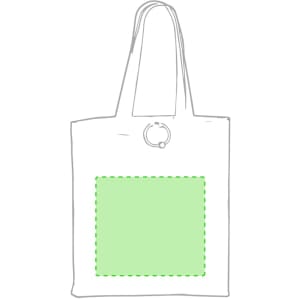 A foldable tote bag in white with a green rectangular accent and a circular handle. It features a logo.