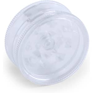 A clear, transparent grinder with a textured design, featuring a round shape and a screw-top lid.