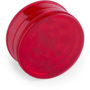 A red grinder with a textured edge, featuring a transparent lid and a smooth base.