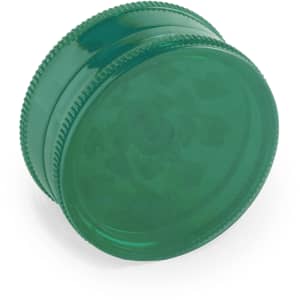 A green grinder featuring a ribbed edge and a transparent top, with a simple design and a smooth finish.