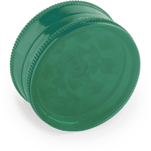 A green grinder with a textured surface for grinding herbs, featuring a logo on the side.