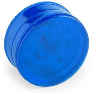 A blue grinder with a textured edge, featuring a circular design and a logo on the top.