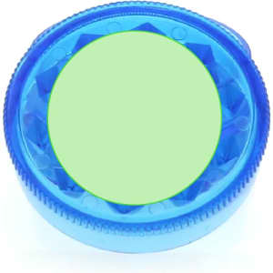 A blue Kapnos Grinder with a circular top featuring a textured design and a central green section.