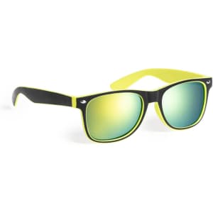 A pair of black and yellow sunglasses with mirrored lenses and branding on the side.