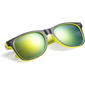 Bold black and vibrant yellow sunglasses with mirrored green lenses and a logo on the side.
