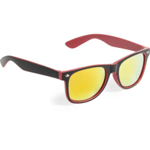 Gredel sunglasses featuring a dual-tone red and black frame with reflective yellow lenses. Includes branding on the side.