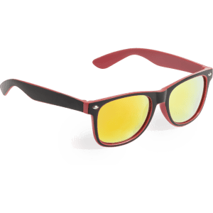 Sunglasses with a black and red frame and yellow mirrored lenses, featuring a logo on the side.