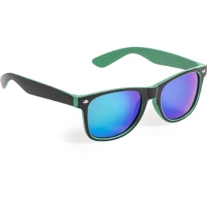 Sunglasses with green and black frames, featuring blue mirrored lenses and a logo on the side.