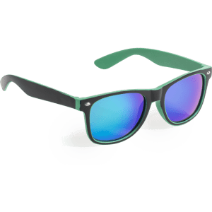 Gredel sunglasses featuring a black and green frame with blue mirrored lenses, and a logo on the side.