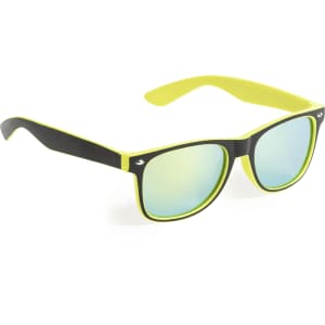 Gredel sunglasses with black frames and bright yellow accents, featuring reflective blue lenses and a logo.