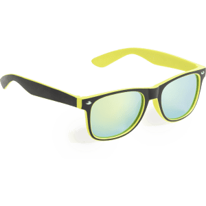 Gredel sunglasses featuring a black frame with bright yellow accents and reflective lenses.