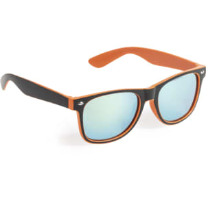 Gredel sunglasses in black and orange with reflective blue lenses and a logo on the side.