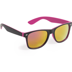 A pair of sunglasses featuring black frames and pink arms with mirrored yellow lenses. Includes a logo on the side.